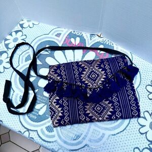 MEXICAN BAG AZTEC EMBROIDERED ENVELOPE PURSE NAVY TASSEL FRINGE CROSSBODY 8x10